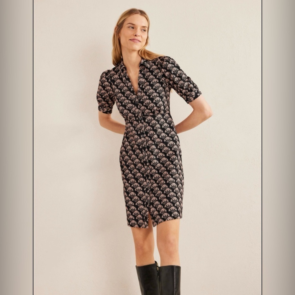 Boden Button Jersey Mini Tea‎ Dress in Black Passion Stamp Size 4R Preppy Retro